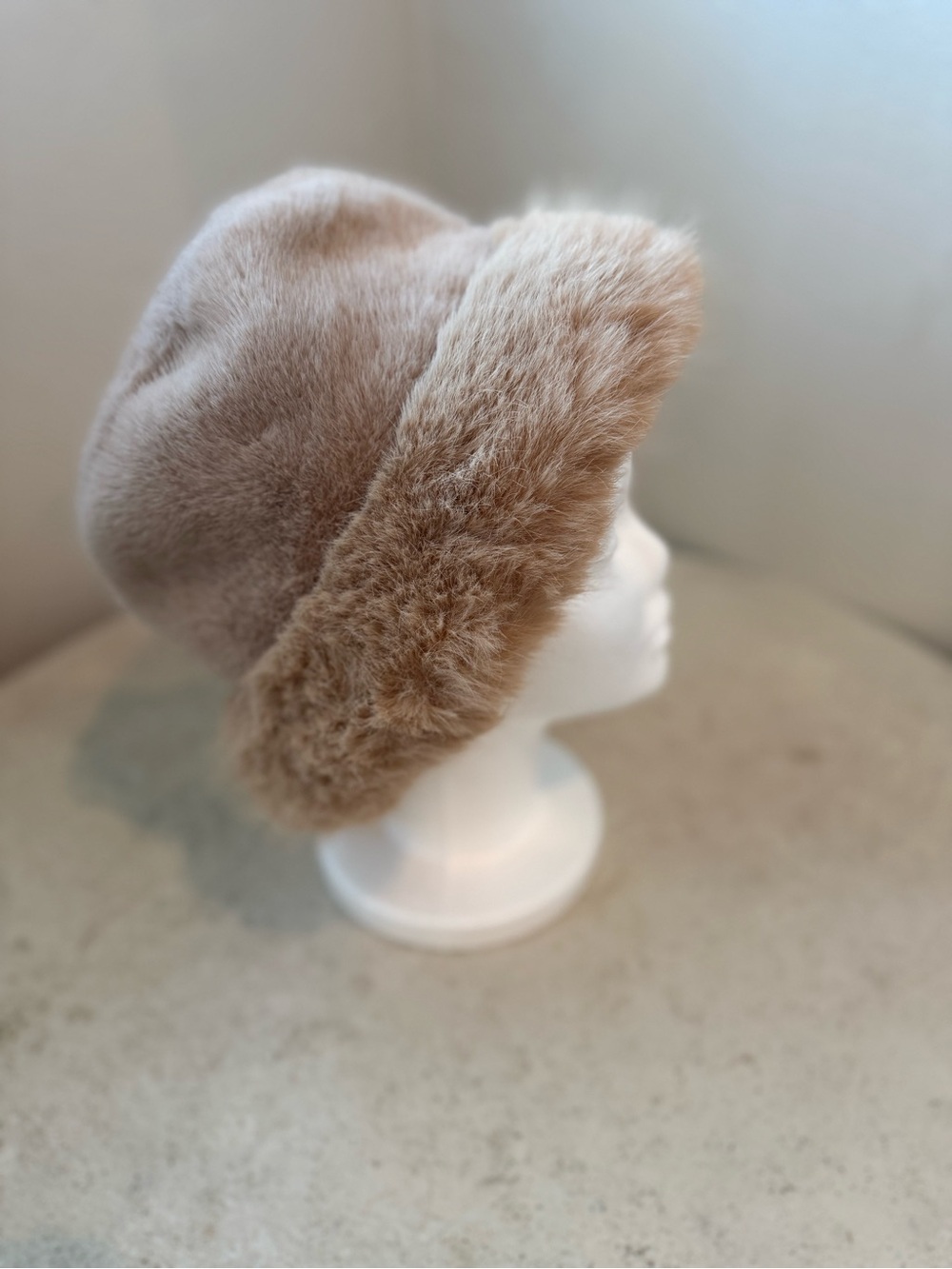 Faux Fur Bucket Hat in Light Beige